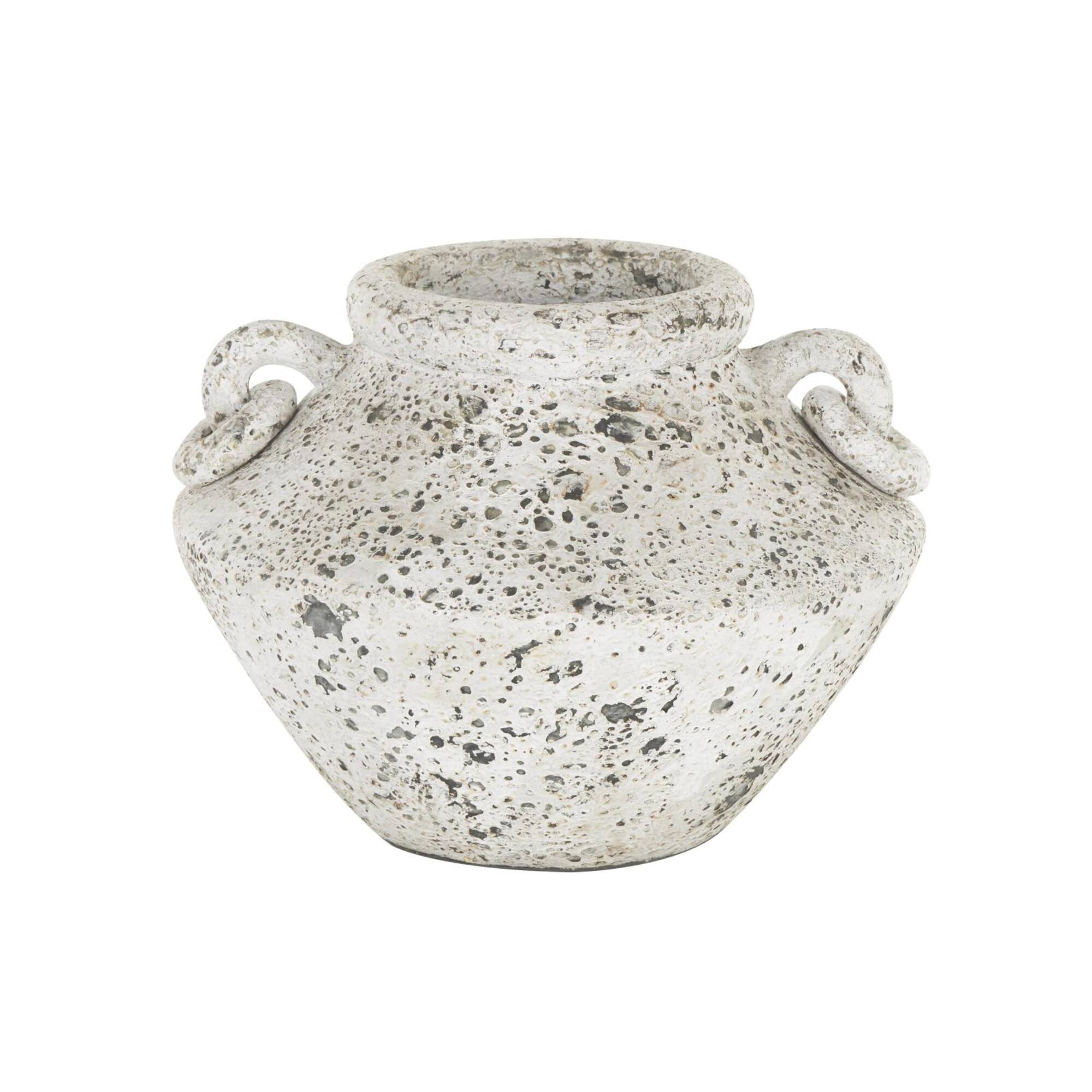 14" White Antique-Style Textured Ceramic Vase with Ring Handles